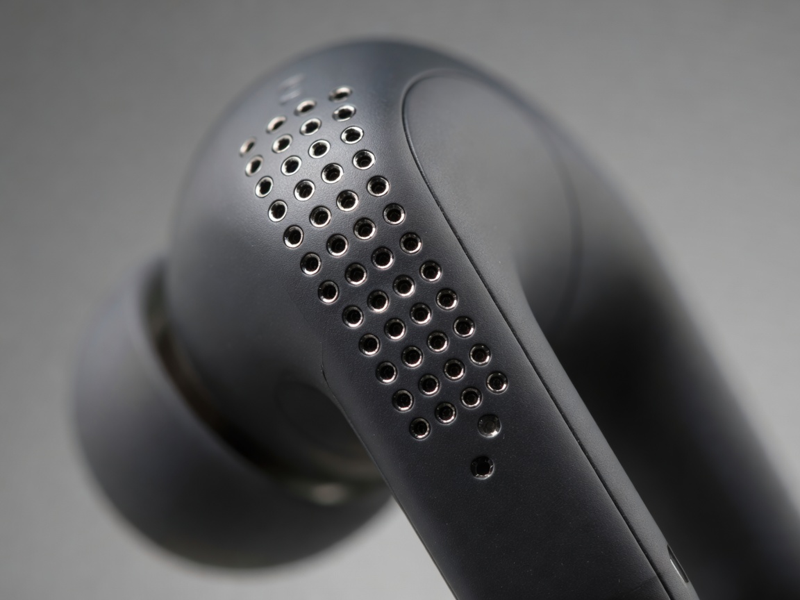 Macro detail of an external microphone array on an active noise cancelling earbud
