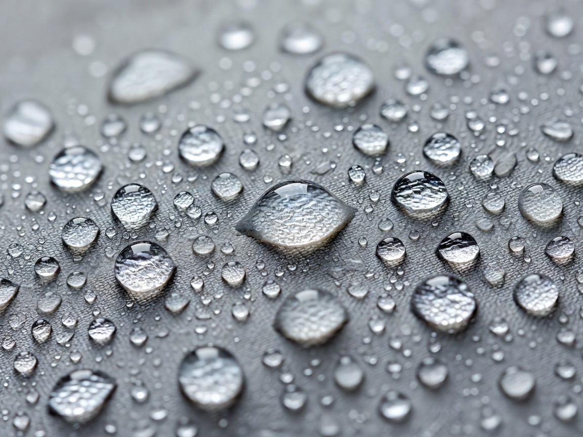 Macro view of water droplets sitting on a DWR coated fabric surface